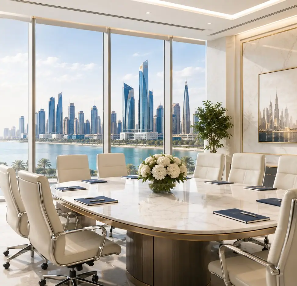 Black Diamond Holding boardroom overlooking the Abu Dhabi skyline