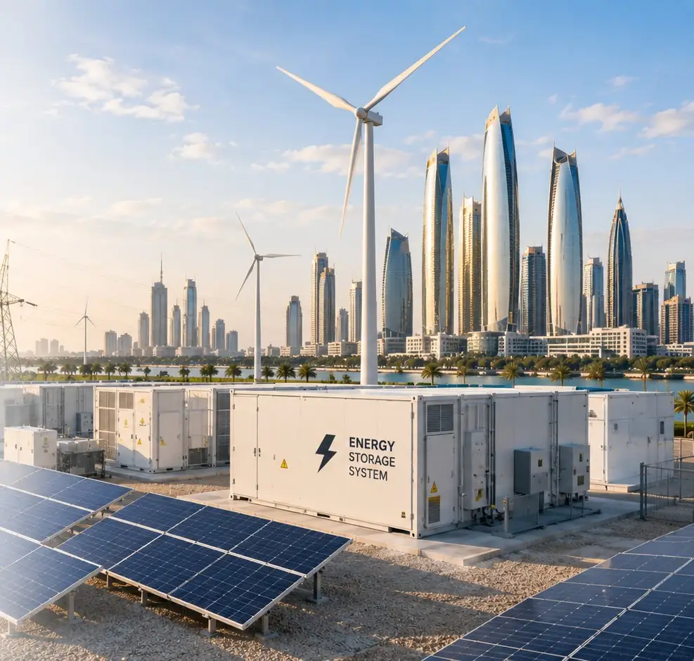 Solar generation and battery storage with the city skyline beyond