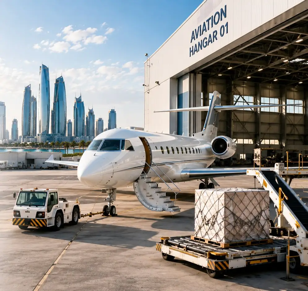 Private aviation hangar and business jet on a sunlit apron