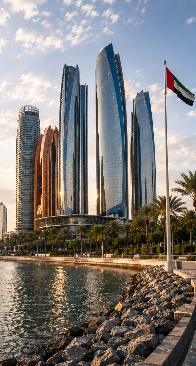 Abu Dhabi towers and the UAE flag at golden hour