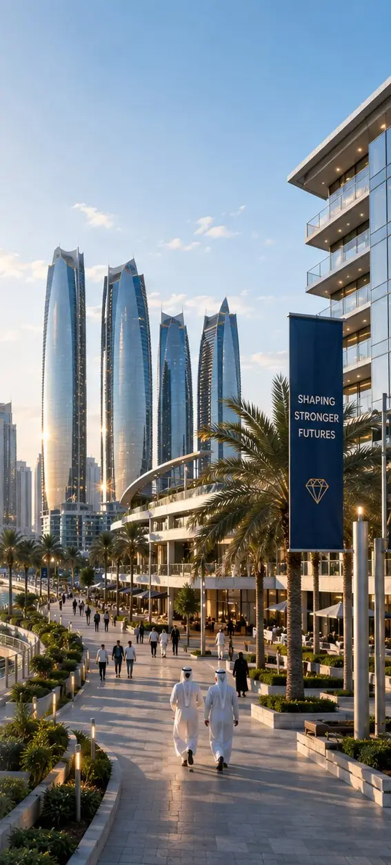 A waterfront promenade beneath new towers — shaping stronger futures